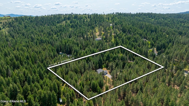 23216 E Morris Rd, Newman Lake, WA 99025 - aerial overview of property's location featuring a heavily wooded area, property parcel outlined, and mountains