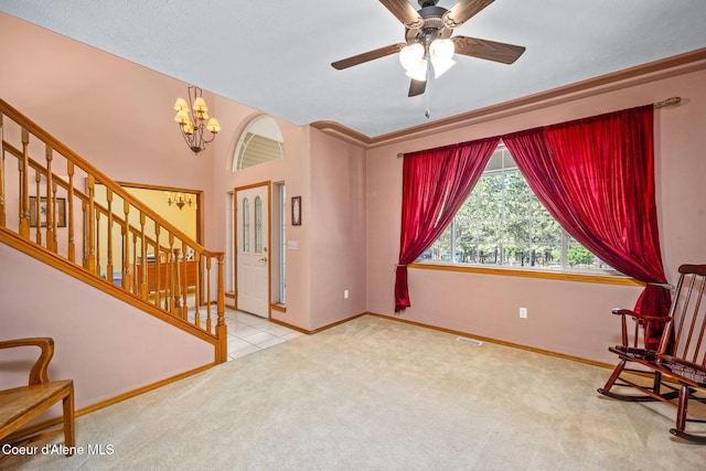 23216 E Morris Rd, Newman Lake, WA 99025 - unfurnished room with stairway, carpet floors, baseboards, a chandelier, and ceiling fan