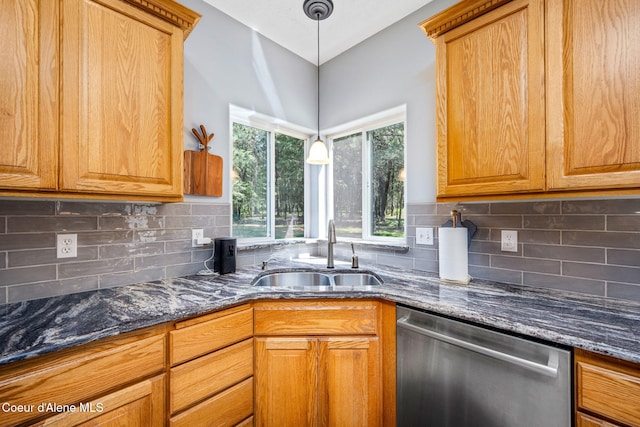 23216 E Morris Rd, Newman Lake, WA 99025 - kitchen featuring stainless steel dishwasher, a sink, dark stone countertops, and decorative backsplash