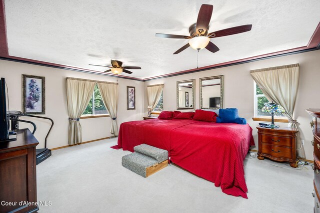 23216 E Morris Rd, Newman Lake, WA 99025 - bedroom with a textured ceiling, multiple windows, carpet floors, a ceiling fan, and baseboards