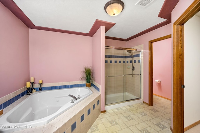 23216 E Morris Rd, Newman Lake, WA 99025 - full bathroom with a tub with jets, a shower stall, ornamental molding, and baseboards