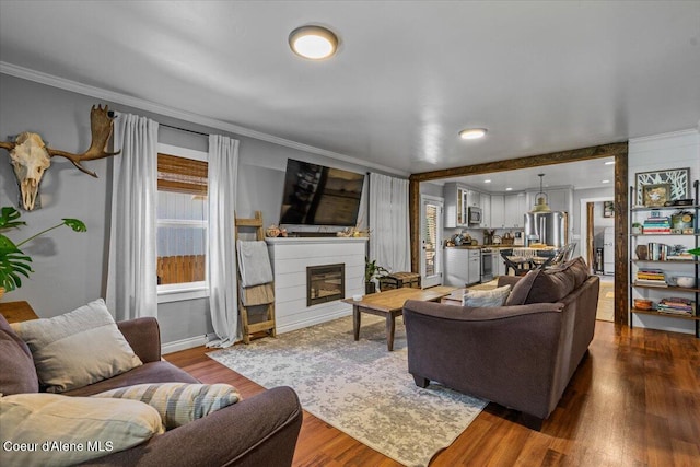 115 Fifth St, Osburn, ID 83849 - living room featuring ornamental molding, a fireplace, dark wood-style flooring, and baseboards