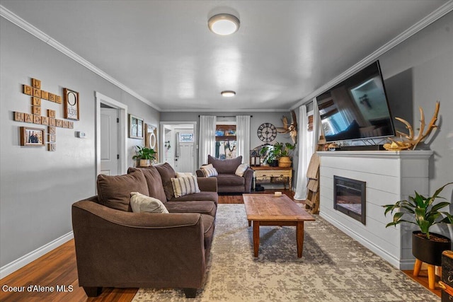 115 Fifth St, Osburn, ID 83849 - living area featuring wood finished floors, ornamental molding, baseboards, and a glass covered fireplace