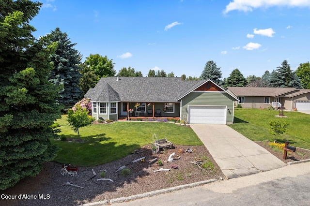 67 Spur Dr, Sandpoint, ID 83864 - ranch-style home featuring a garage, covered porch, a front lawn, and driveway