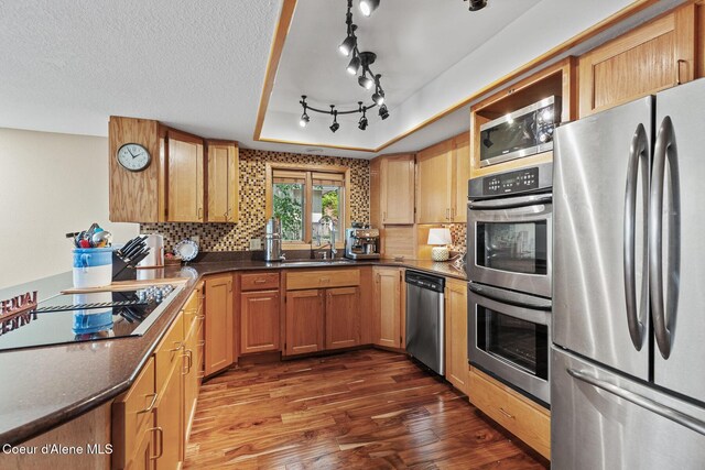 3574 E Tobler Rd # C16, Hayden, ID 83835 - kitchen with stainless steel appliances, dark wood-style floors, decorative backsplash, and a tray ceiling