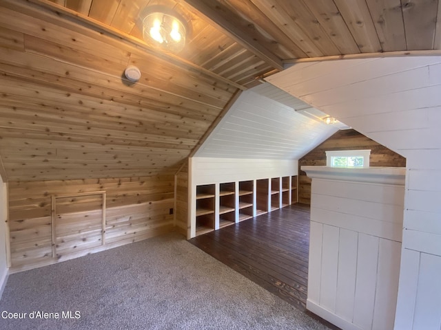 118 Faye St, Mullan, ID 83846 - bonus room with lofted ceiling, wooden walls, wood ceiling, and carpet floors