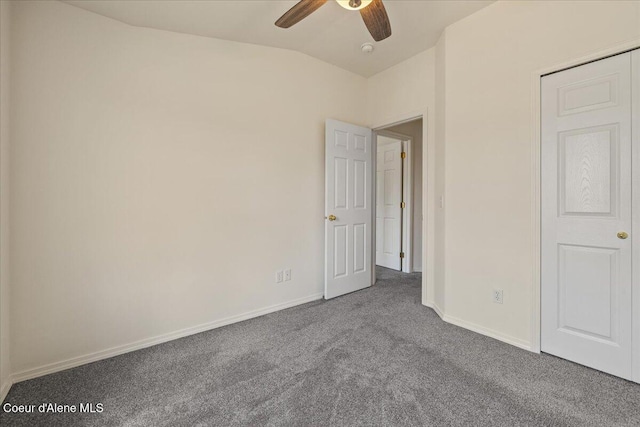 1748 W Durham Dr, Coeur Dalene, ID 83815 - unfurnished bedroom featuring carpet, vaulted ceiling, baseboards, and ceiling fan