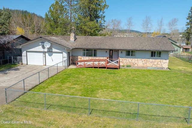 1364 C St, Plummer, ID 83851 - single story home with a chimney, stone siding, asphalt driveway, and a wooden deck