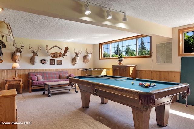 10851 W Pine St, Sandpoint, ID 83864 - game room featuring wainscoting, wooden walls, carpet floors, a textured ceiling, and billiards table