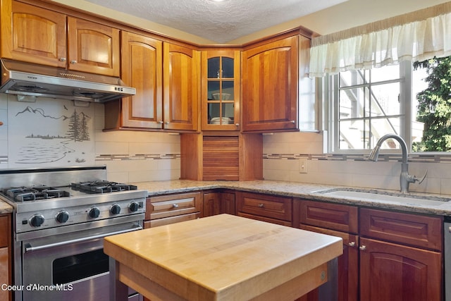 10851 W Pine St, Sandpoint, ID 83864 - kitchen with stainless steel appliances, under cabinet range hood, tasteful backsplash, glass insert cabinets, and a textured ceiling