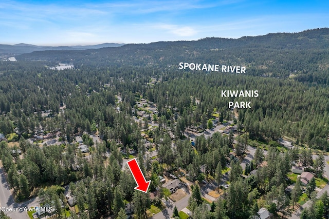 221 S Ridgewood Dr, Post Falls, ID 83854 - aerial view of property's location with a heavily wooded area and a mountain backdrop