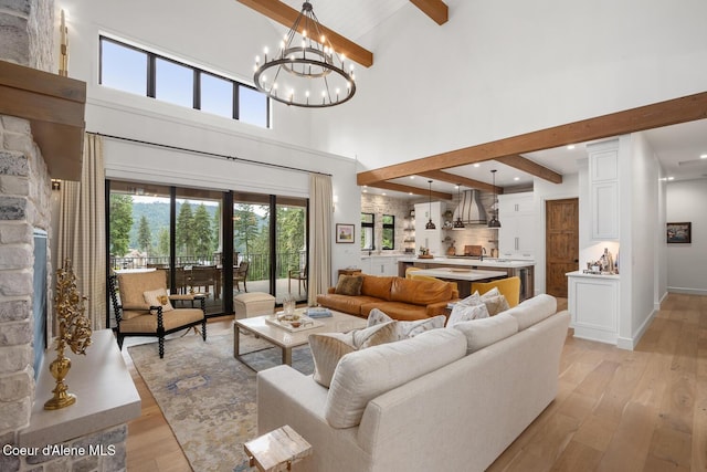 6767 S Renaissance Way, Coeur Dalene, ID 83814 - living area with beamed ceiling, light wood-style floors, a high ceiling, a chandelier, and recessed lighting