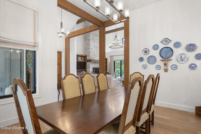 6767 S Renaissance Way, Coeur Dalene, ID 83814 - dining area with a chandelier, wood finished floors, beam ceiling, and high vaulted ceiling
