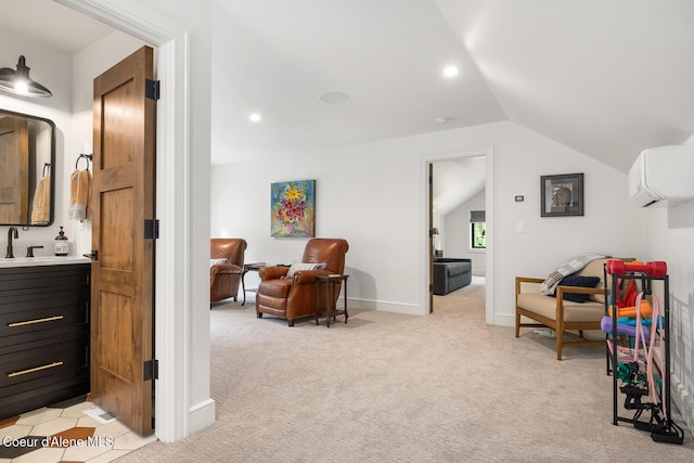 6767 S Renaissance Way, Coeur Dalene, ID 83814 - sitting room with light colored carpet, vaulted ceiling, recessed lighting, and a wall mounted air conditioner