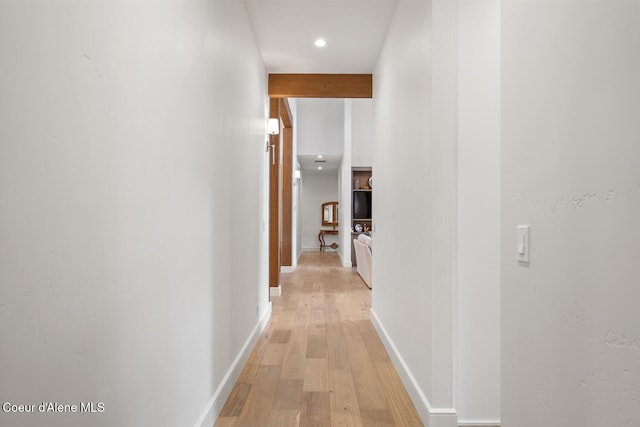 6767 S Renaissance Way, Coeur Dalene, ID 83814 - hallway with beam ceiling, light wood-style floors, and recessed lighting