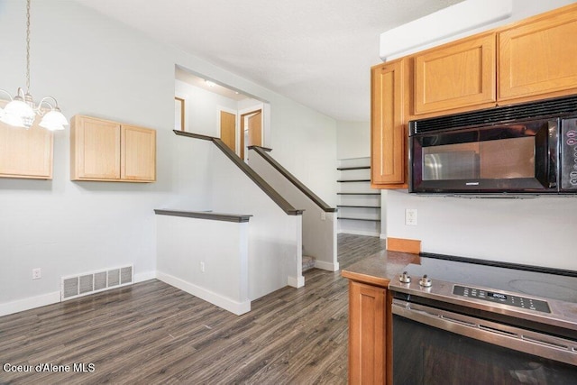 3551 N Carriage Ct, Post Falls, ID 83854 - kitchen featuring black microwave, dark wood finished floors, electric range, light brown cabinetry, and a chandelier