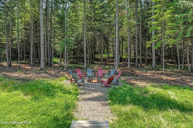 84 E Cabinet Wagon Rd, Clark Fork, ID 83811 - view of yard with an outdoor fire pit and a forest view