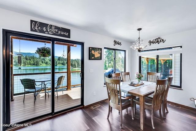 115 W Lakeview Blvd, Priest River, ID 83856 - dining room featuring a chandelier, dark wood finished floors, and a water view