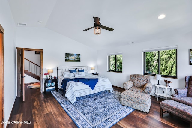 115 W Lakeview Blvd, Priest River, ID 83856 - bedroom featuring vaulted ceiling, wood finished floors, a ceiling fan, and recessed lighting