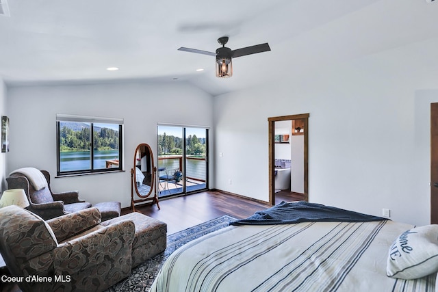 115 W Lakeview Blvd, Priest River, ID 83856 - bedroom featuring access to outside, wood finished floors, lofted ceiling, ceiling fan, and recessed lighting