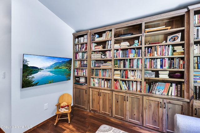 115 W Lakeview Blvd, Priest River, ID 83856 - sitting room featuring lofted ceiling, bookshelves, and dark wood finished floors