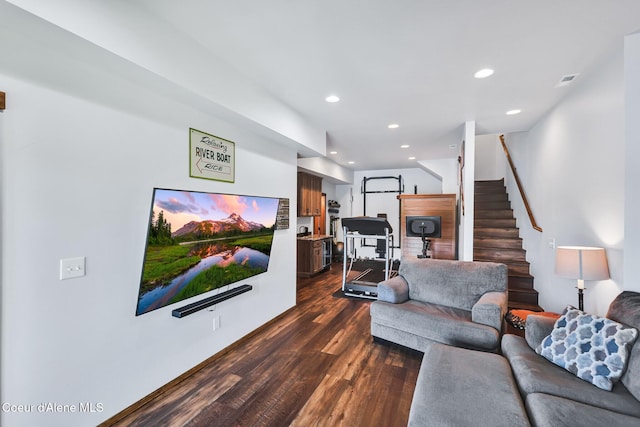 115 W Lakeview Blvd, Priest River, ID 83856 - living area featuring dark wood-style flooring, stairway, and recessed lighting