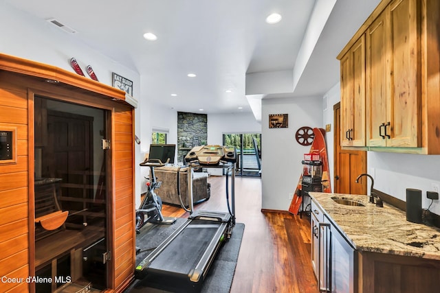 115 W Lakeview Blvd, Priest River, ID 83856 - workout area featuring recessed lighting, dark wood-type flooring, beverage cooler, and bar