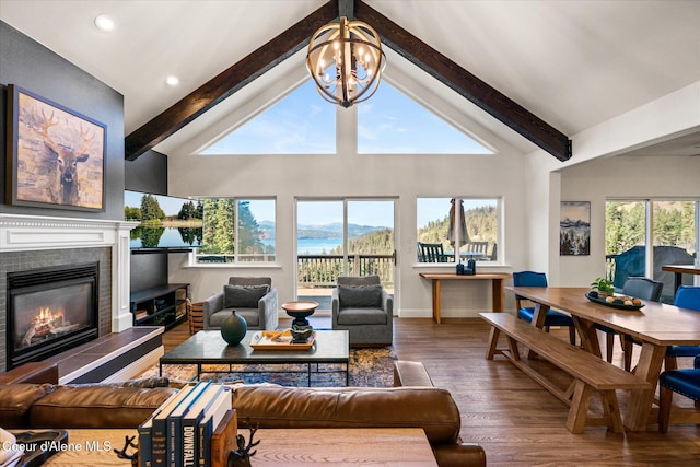 3889 E Avery Ln, Coeur Dalene, ID 83814 - living area with wood finished floors, a fireplace, recessed lighting, and a chandelier