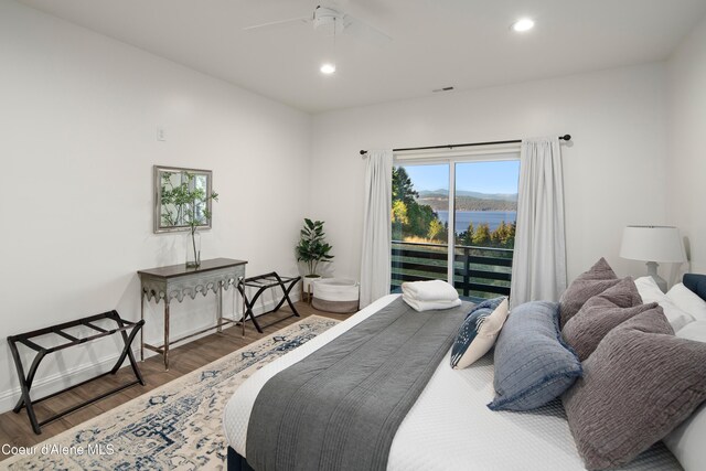 3889 E Avery Ln, Coeur Dalene, ID 83814 - bedroom with access to outside, wood finished floors, recessed lighting, and ceiling fan