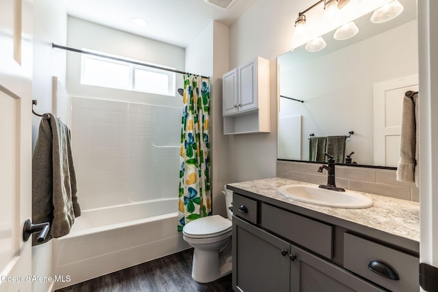 22830 E Bailey Ct, Liberty Lake, WA 99019 - bathroom with shower / tub combo, vanity, and wood finished floors