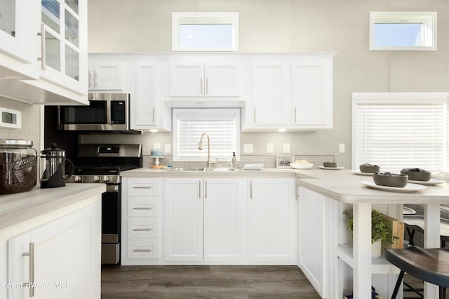 716 Raeder St, Kooskia, ID 83539 - kitchen featuring a sink, stainless steel appliances, white cabinets, light countertops, and dark wood-style floors