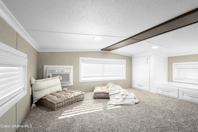 716 Raeder St, Kooskia, ID 83539 - bedroom featuring a textured ceiling, carpet, lofted ceiling, and crown molding
