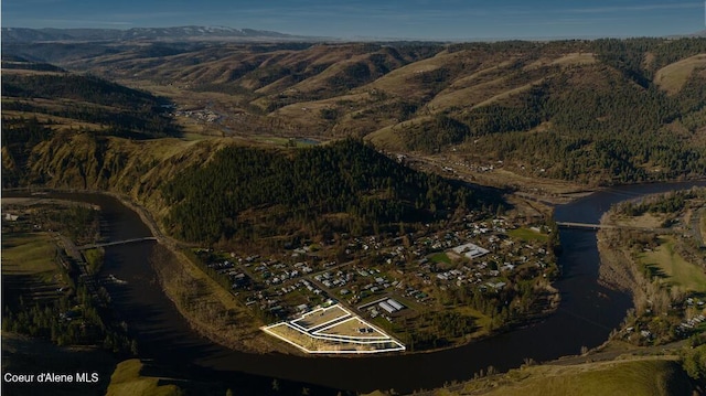 716 Raeder St, Kooskia, ID 83539 - aerial view of property and surrounding area with a water and mountain view and property boundaries highlighted