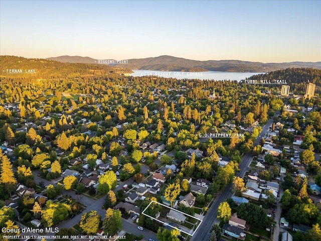 928 N 7th St, Coeur Dalene, ID 83814 - aerial view of property and surrounding area with property parcel outlined and a water and mountain view