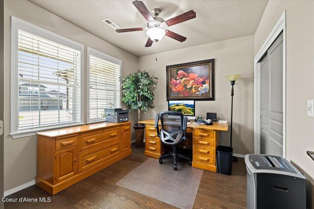 3265 E Galway Cir, Post Falls, ID 83854 - office featuring ceiling fan, dark wood-style flooring, and a textured ceiling