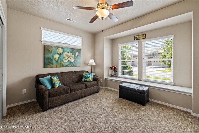 3265 E Galway Cir, Post Falls, ID 83854 - living area with carpet floors, healthy amount of natural light, ceiling fan, and a textured ceiling