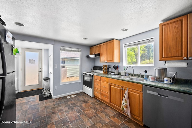 1901 E Pennsylvania Ave, Coeur Dalene, ID 83814 - kitchen with stainless steel dishwasher, white range with electric stovetop, extractor fan, a textured ceiling, and dark countertops