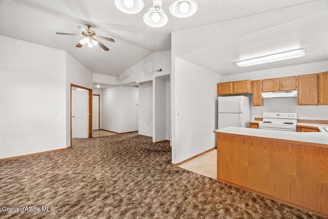 2533 W Grenoble Ln, Coeur Dalene, ID 83815 - kitchen featuring white appliances, under cabinet range hood, light carpet, lofted ceiling, and a peninsula