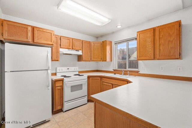 2533 W Grenoble Ln, Coeur Dalene, ID 83815 - kitchen with white appliances, under cabinet range hood, light countertops, and recessed lighting