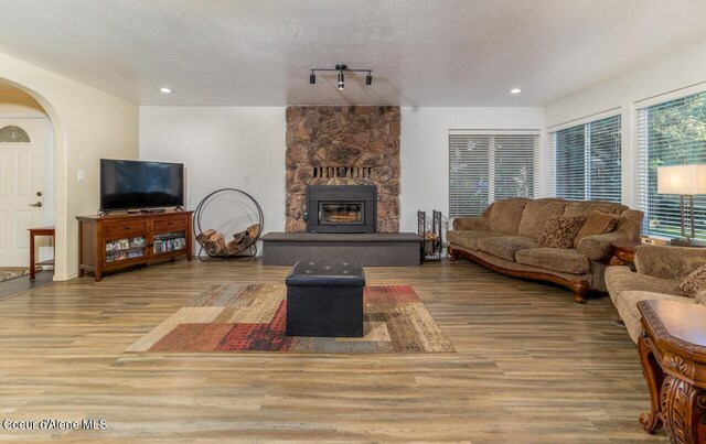 6531 Tannenbaum Cir, Bonners Ferry, ID 83805 - living area featuring arched walkways, wood finished floors, a fireplace, recessed lighting, and a textured ceiling