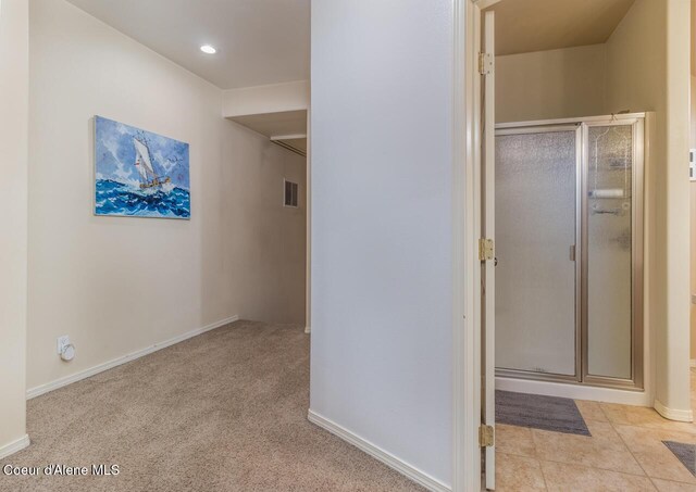 6531 Tannenbaum Cir, Bonners Ferry, ID 83805 - bathroom with a shower stall, recessed lighting, and carpet flooring
