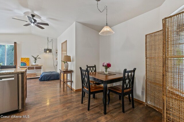 8562 N Audubon Dr, Hayden, ID 83835 - dining room with lofted ceiling, dark wood-style flooring, and a ceiling fan