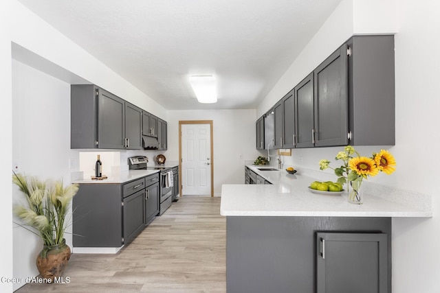 4206 W Appaloosa Rd, Coeur Dalene, ID 83815 - kitchen featuring stainless steel electric stove, a peninsula, light countertops, light wood-style flooring, and gray cabinets