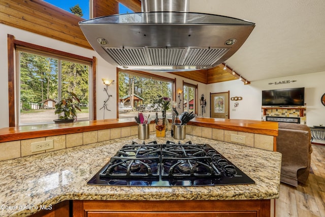 306 Scranton Ave, Coolin, ID 83821 - kitchen with exhaust hood, black gas stovetop, wood finished floors, a fireplace, and vaulted ceiling