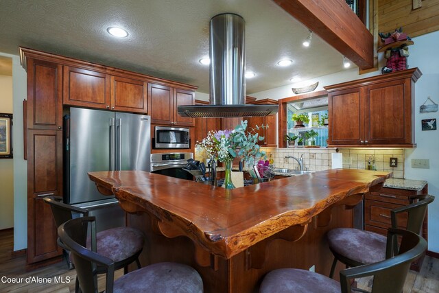 306 Scranton Ave, Coolin, ID 83821 - kitchen with appliances with stainless steel finishes, wood finished floors, island range hood, backsplash, and butcher block countertops