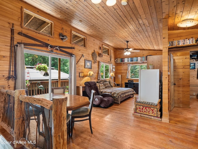 19565 N Goelzer Way, Rathdrum, ID 83858 - dining space featuring wood walls, wood finished floors, wood ceiling, and ceiling fan