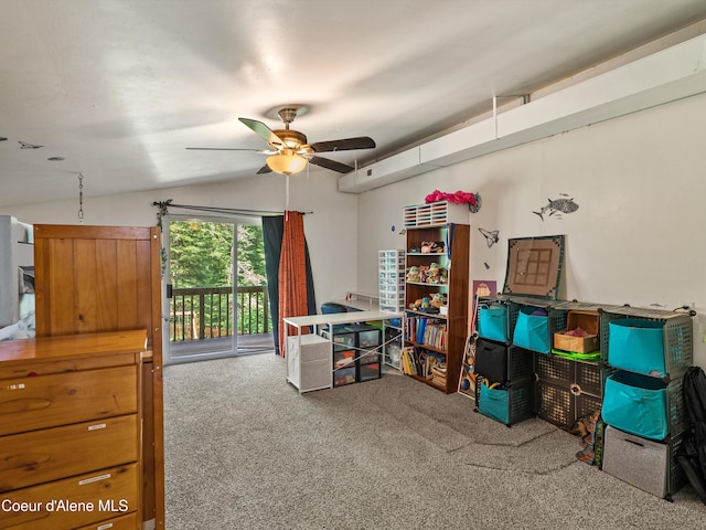 19565 N Goelzer Way, Rathdrum, ID 83858 - bedroom featuring carpet floors, access to outside, lofted ceiling, and ceiling fan