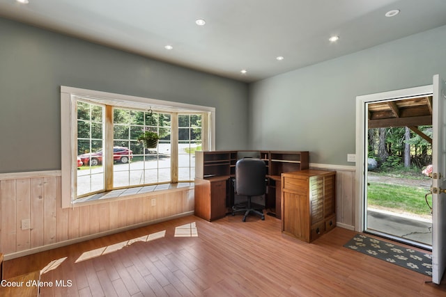 12 Otts Basin Rd, Sagle, ID 83860 - office area featuring a wainscoted wall, wood finished floors, recessed lighting, and wood walls