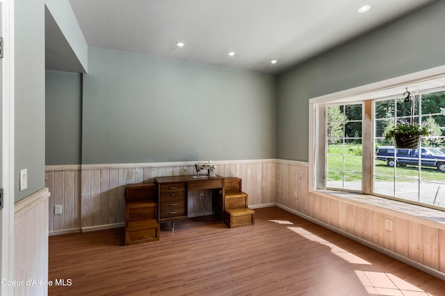 12 Otts Basin Rd, Sagle, ID 83860 - unfurnished office featuring a wainscoted wall, wood finished floors, wood walls, and recessed lighting
