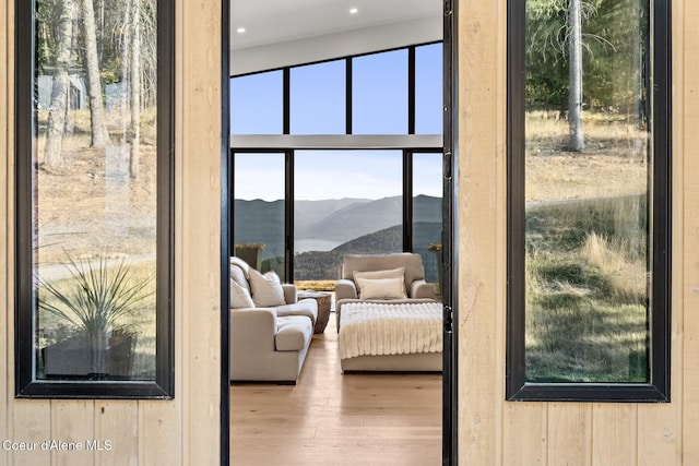 1376 Less Traveled Rd, Sagle, ID 83860 - entryway with a mountain view, wood finished floors, and recessed lighting